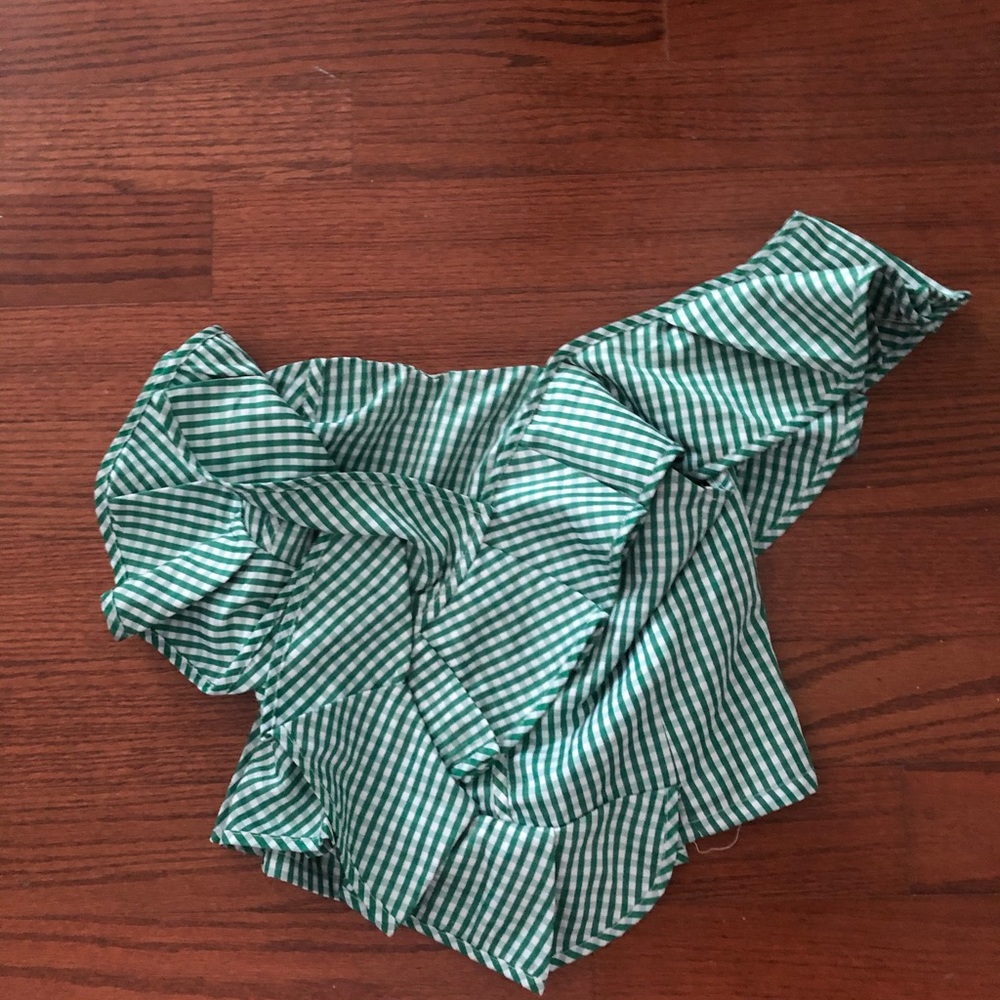 One shoulder, ruffled, green gingham top.